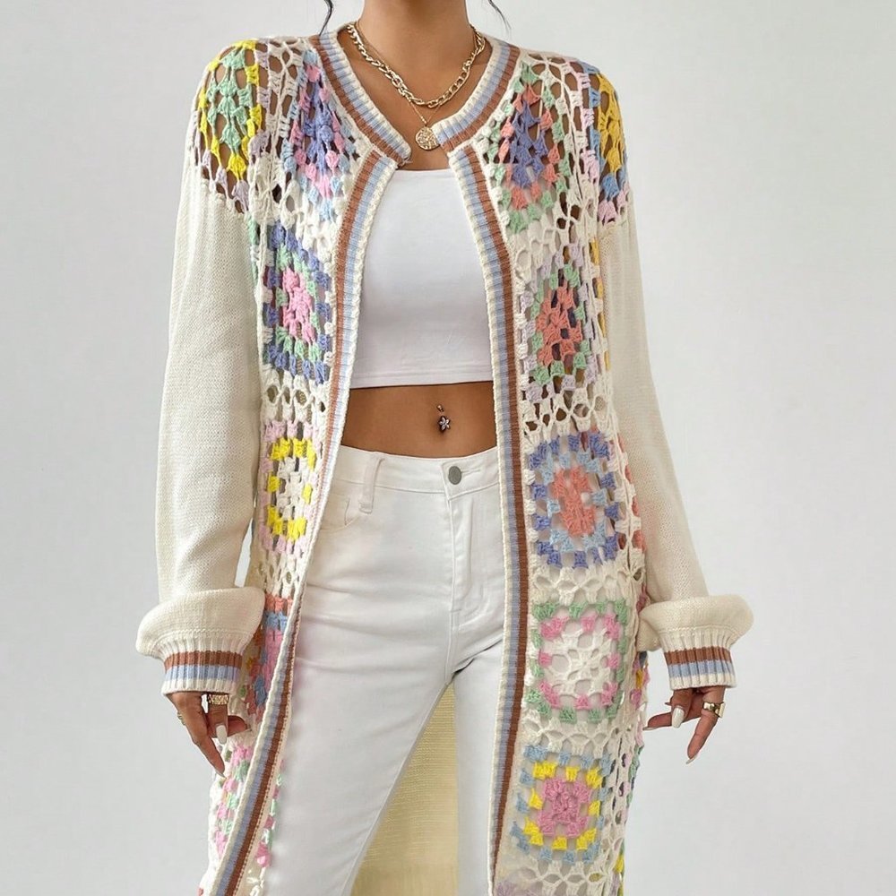 Multicolor Casual Womens Geo Pattern Drop Shoulder Open Front Cardigan - Picture 3 of 5